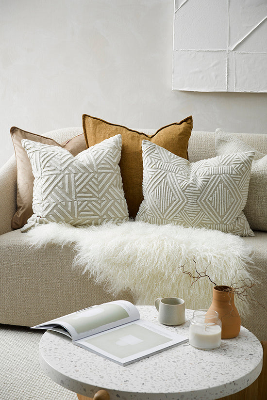 Remus cushion from Mulberi, textured geometric patterned cushion in natural