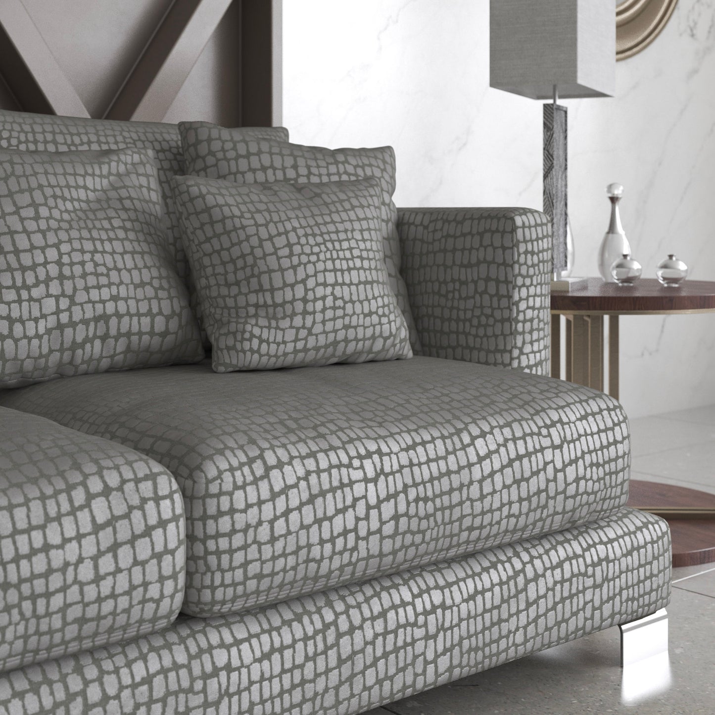 Cazador fabric part of the Sauvage collection shown on a sofa