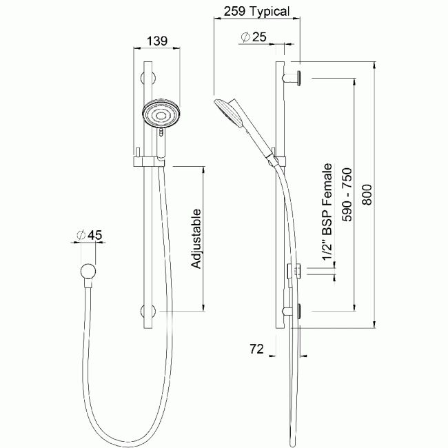 Methven Turoa Rail Shower Stainless Steel TUSRSSWH VJET Technology Measurements