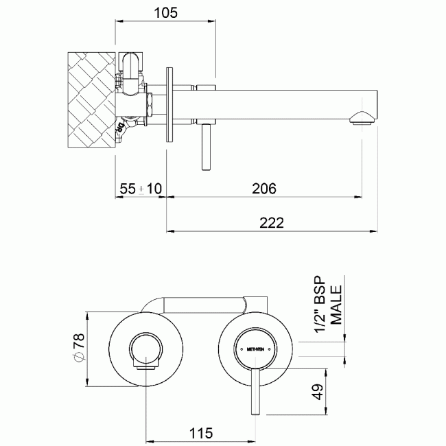 Methven Turoa Wall mounted mixer with spout measurements