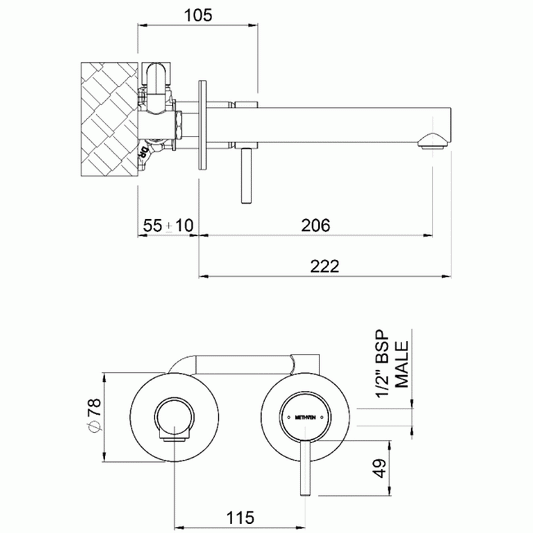 Methven Turoa Wall mounted mixer with spout measurements