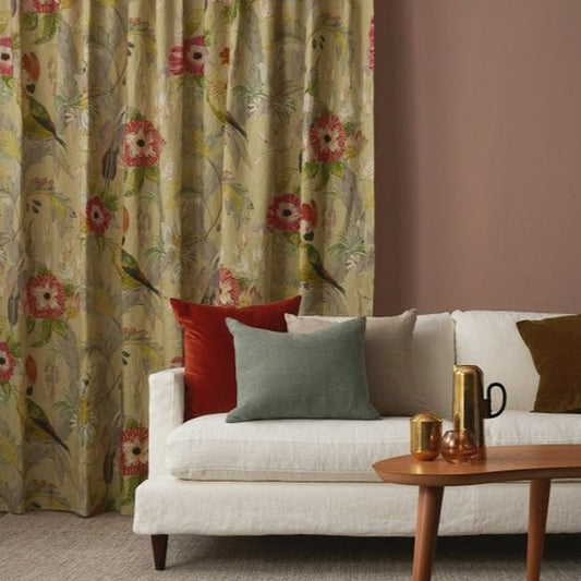 The Conservatory linen fabric from James Dunlope with tropical birds and plands