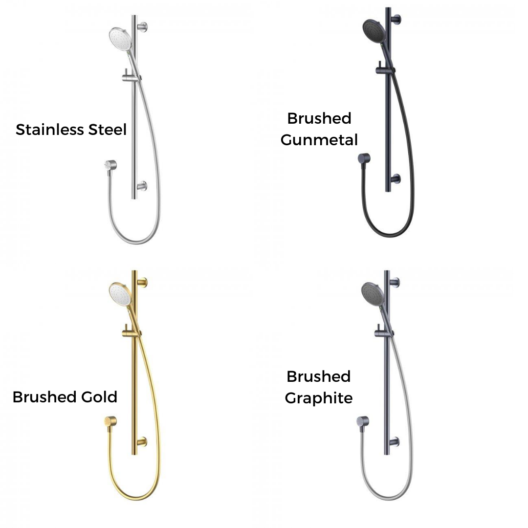 Methven Turoa Rail Shower, stainless steel, brushed gunmetal, brushed gold and brushed graphite