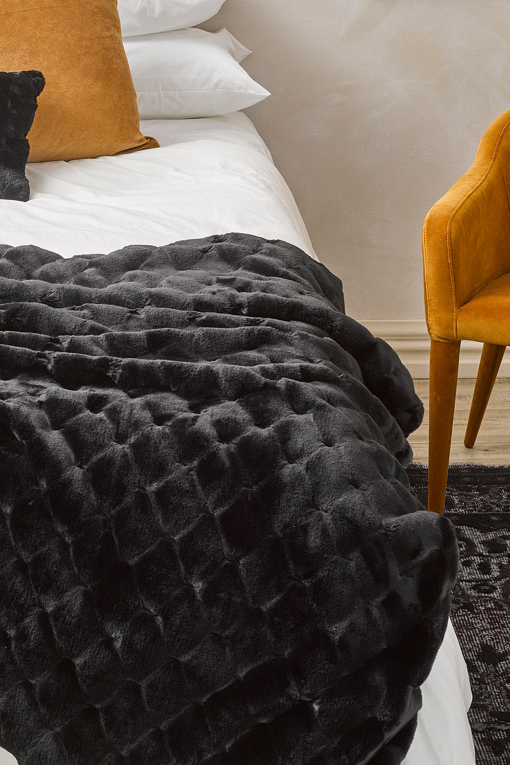 Luxury imitation fur throw, Valentina Black from Heirloom Furs with matching cushions  SKU FVABT18