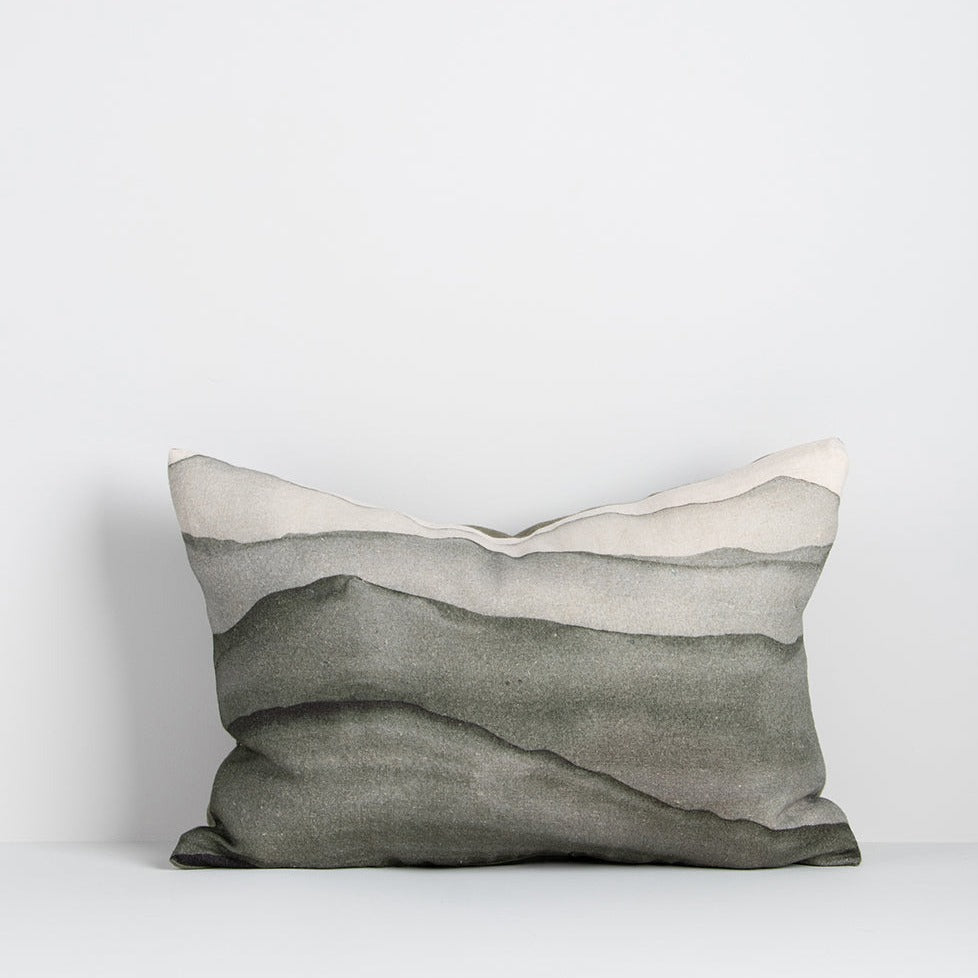 Aurelia linen cushion from Baya in sage with topographical style hand painted abstract design