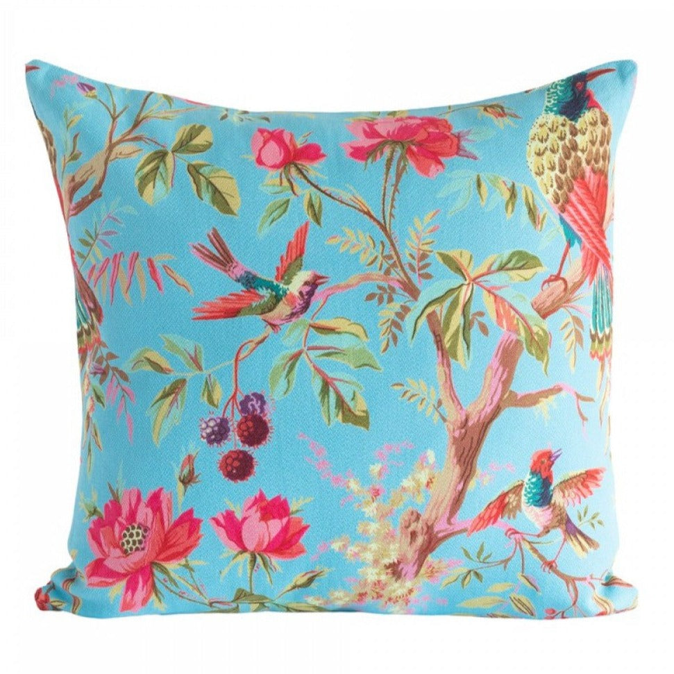 Paradise blue velvet cushion in bird of paradise pattern