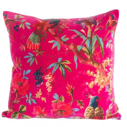 Paradise hot pink cushion with bird of paradise pattern