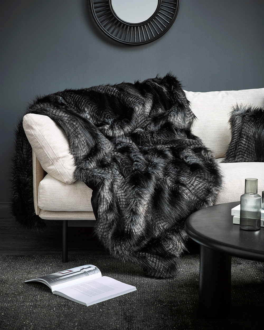 Black Coyote imitation faux fur throw from Furtex