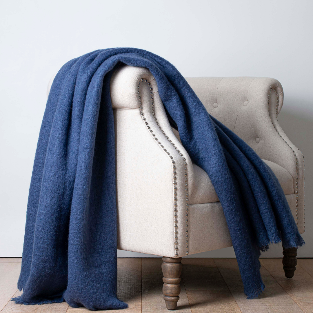 Soft Mohair luxury throws from Glamorous Goat in Blueberry.  Angora kid mohair throws available at My Sanctuary