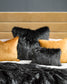 Ebony Plume imitation fur throw on bed with mustard padded headboard and cushions and a painting on grey wall and besdie table