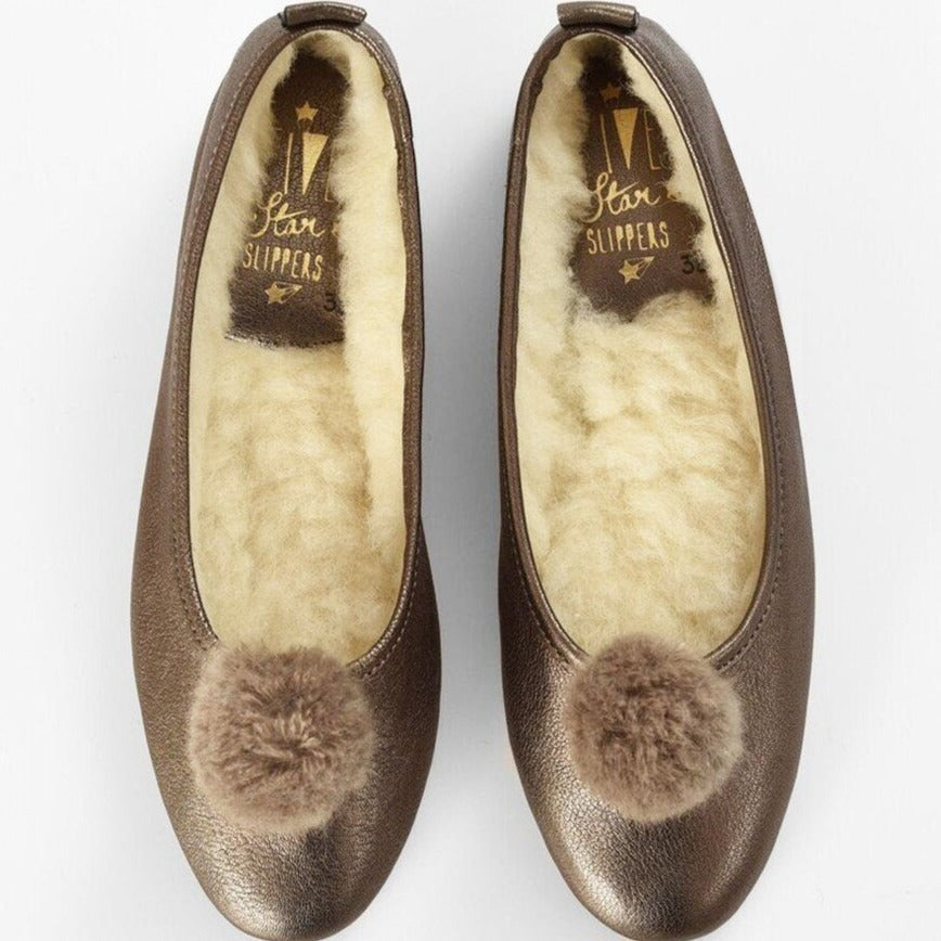 Italian Leather Ballet Slippers in bronze with a pom pom, wool lining and rubber sole. Luxury slippers from My Sanctuary