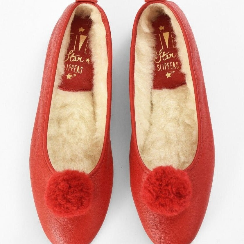 Italian Leather Ballet Slippers in red with a pom pom, wool lining and rubber sole. Luxury slippers from My Sanctuary