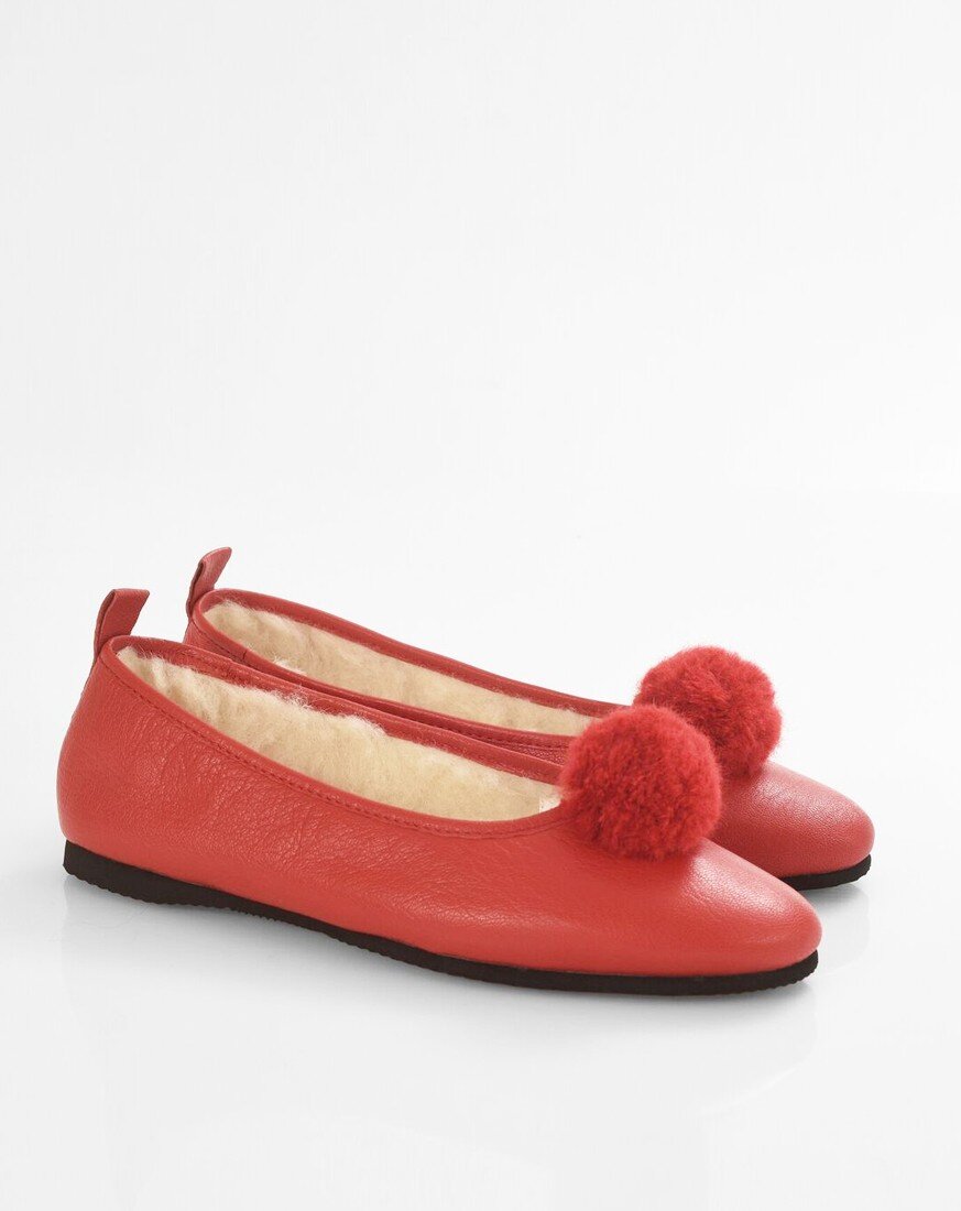 Italian Leather Ballet Slippers in red with a pom pom, wool lining and rubber sole. Luxury slippers from My Sanctuary
