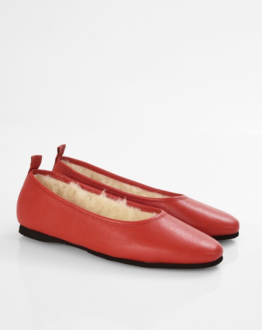 Italian Leather Ballet Slippers in red with wool lining and rubber sole. Luxury slippers from My Sanctuary