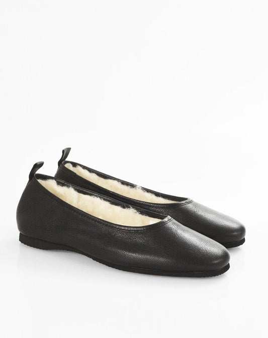 Italian Leather Ballet Slippers in black with wool lining and rubber sole. Luxury slippers from My Sanctuary