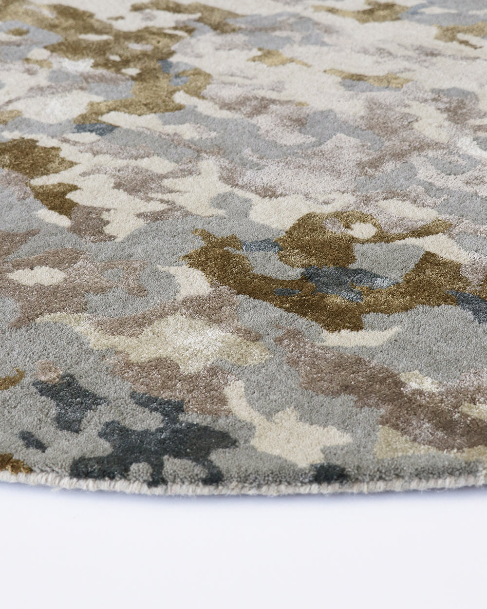 Fleur Multi Rug from Mulberi, abstract pattern of gold, greys, beignes and creams