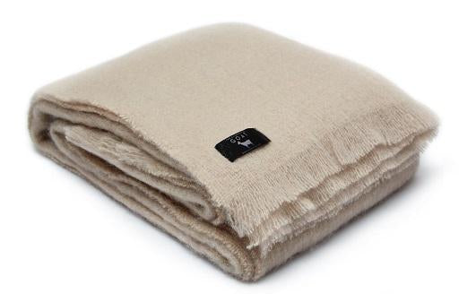 Luxury pure mohair throw in light beige almond. Mohair NZ