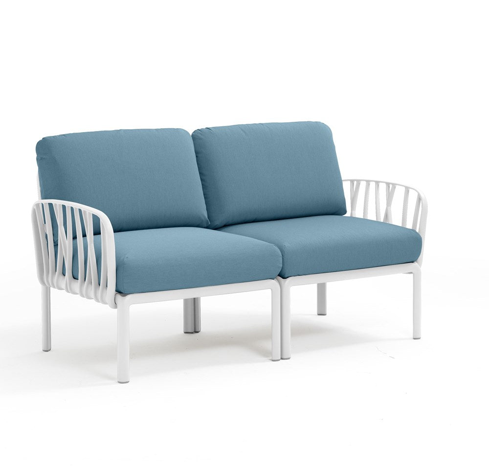 Komodo 2 seater white sofa with blue cushions