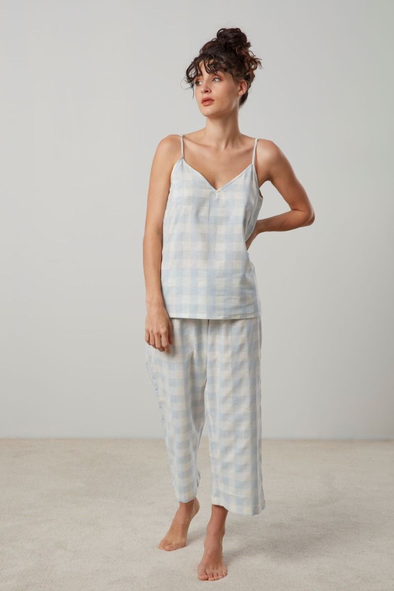 Lena cami capri pyjama set in blue and white check
