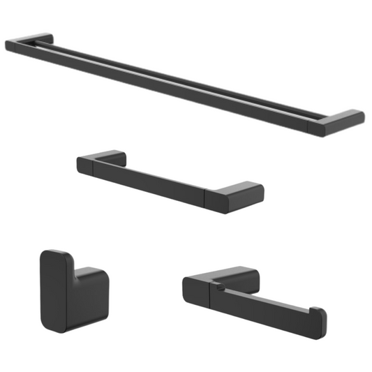 Caroma Luna bathroom accessories bundle in black, Luna towel rail, hand towel rail, robe hook and toilet roll holder