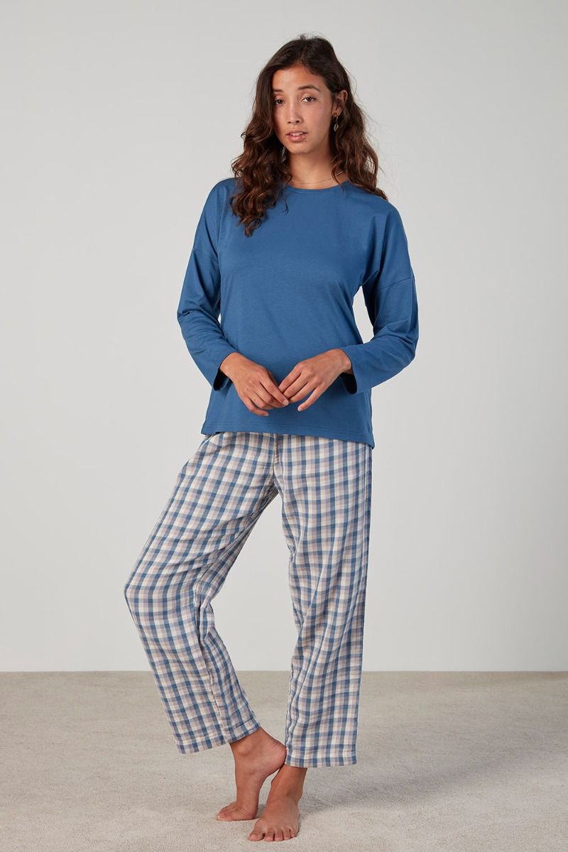 Paige casual long sleeved cotton pyjama set by Baksana, blue and blue plaid bottoms