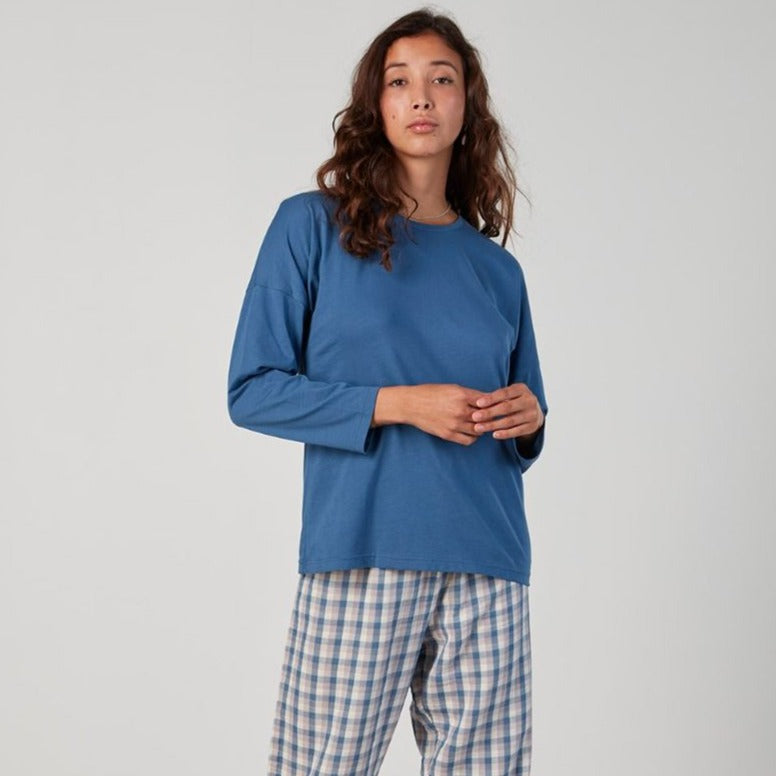 Paige casual long sleeved cotton pyjama set by Baksana, blue and blue plaid bottoms