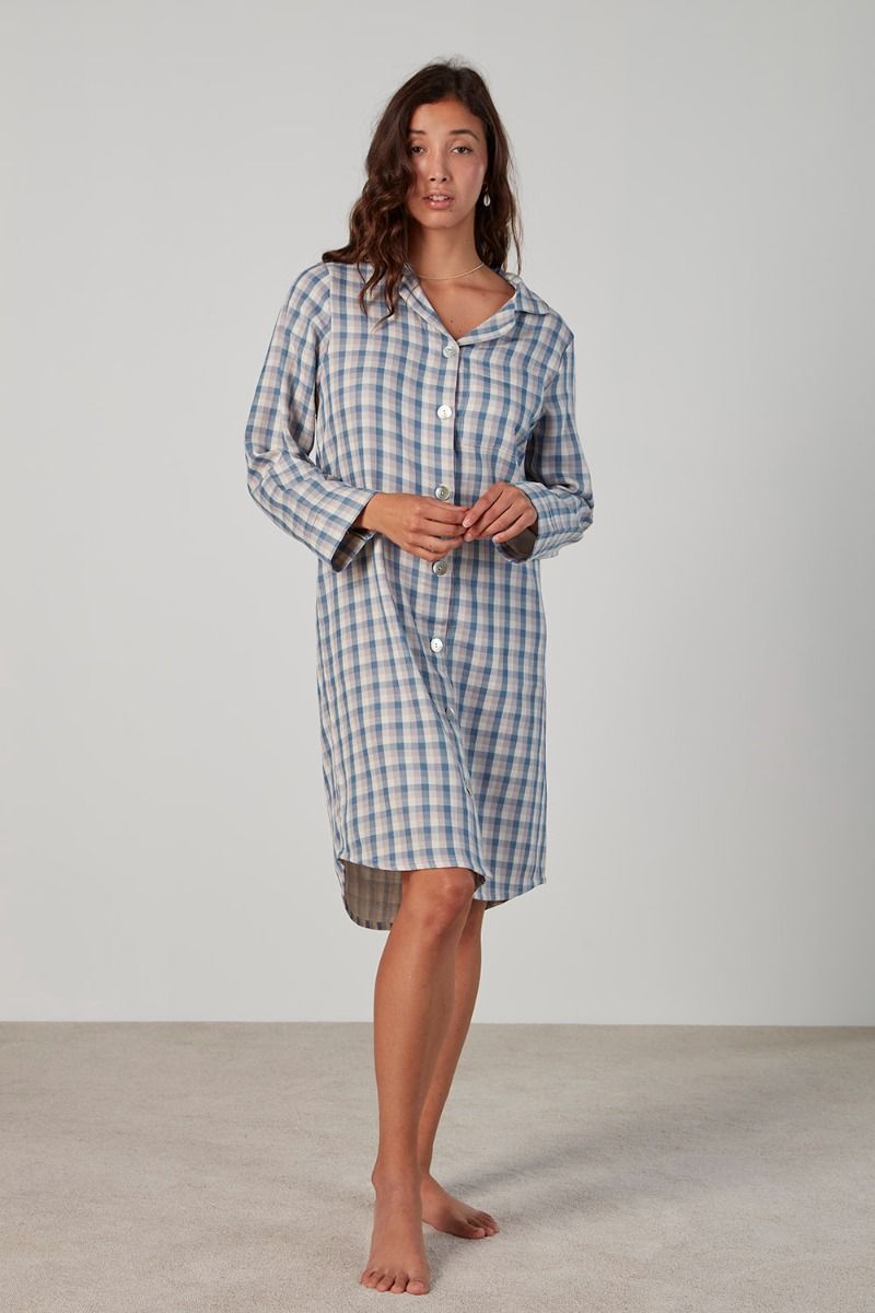 Paige cotton nightshirt from Baksana in blue check pattern