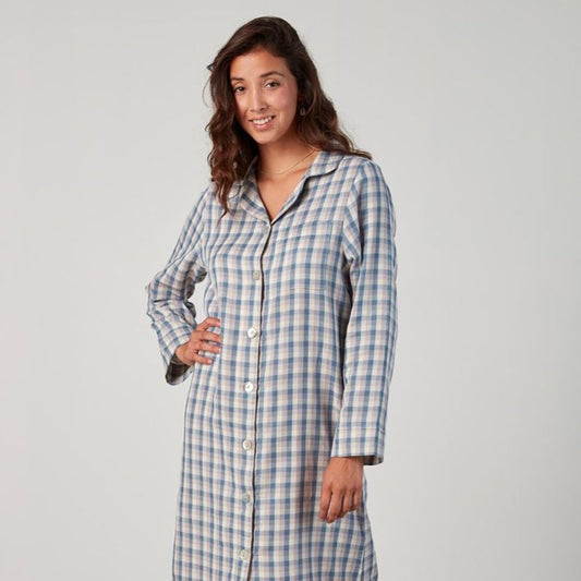 Paige cotton nightshirt from Baksana in blue check pattern