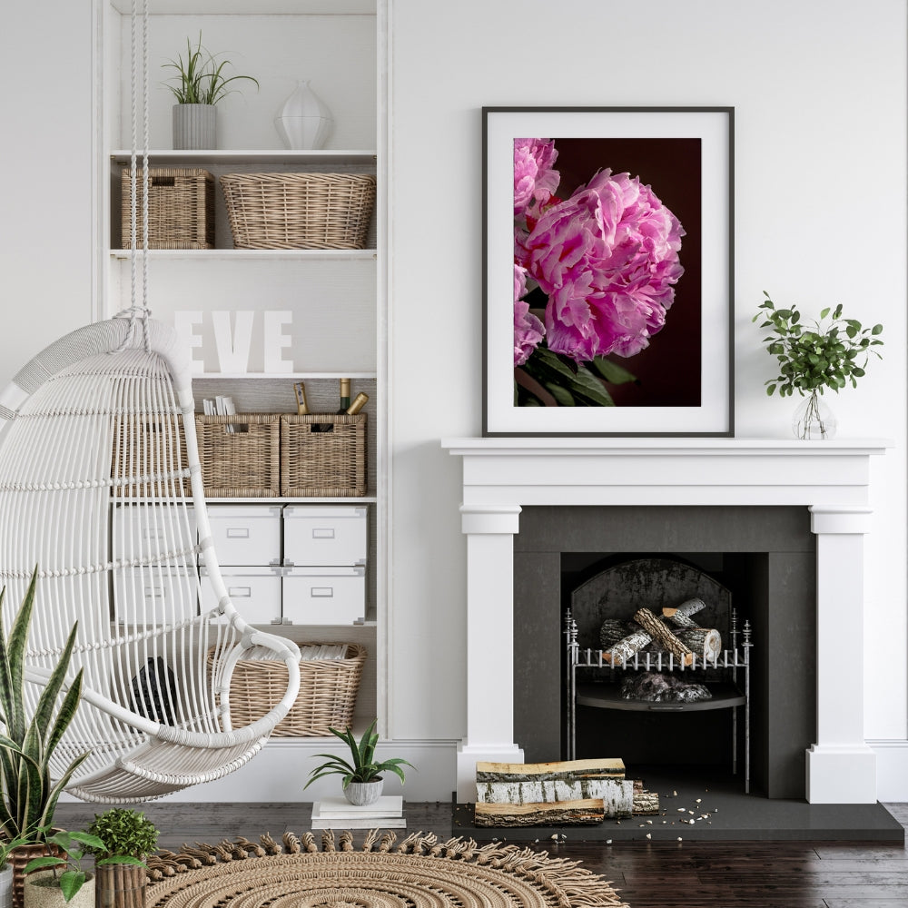 pink peony close up in a black frame on a white fireplace