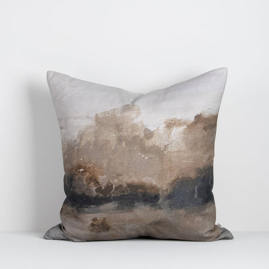 Seraphine cushion with taupe and ink abstract landscape